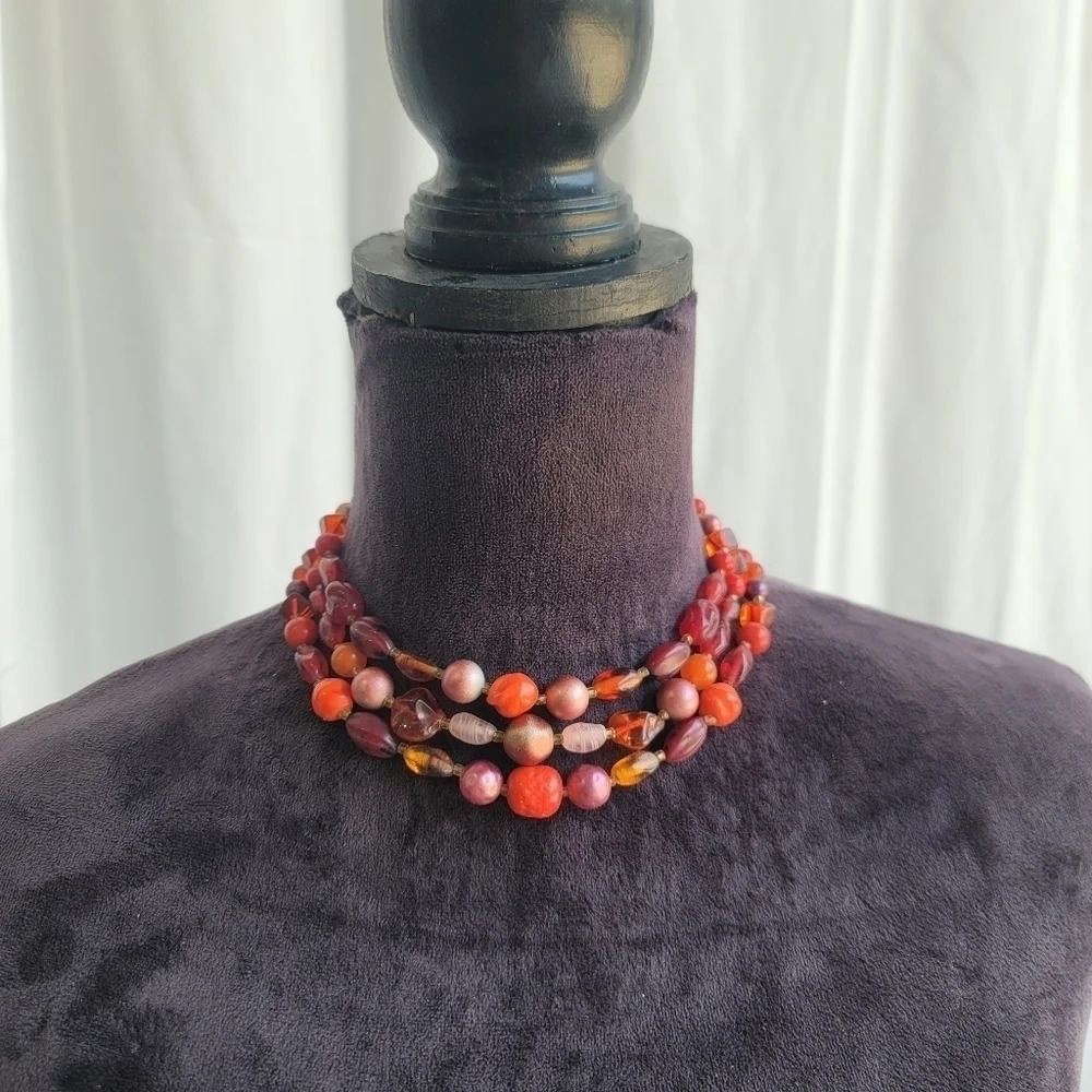 Vintage Japan Gorgeous Red Pink Gold Layered Bead Necklace 13"+3"